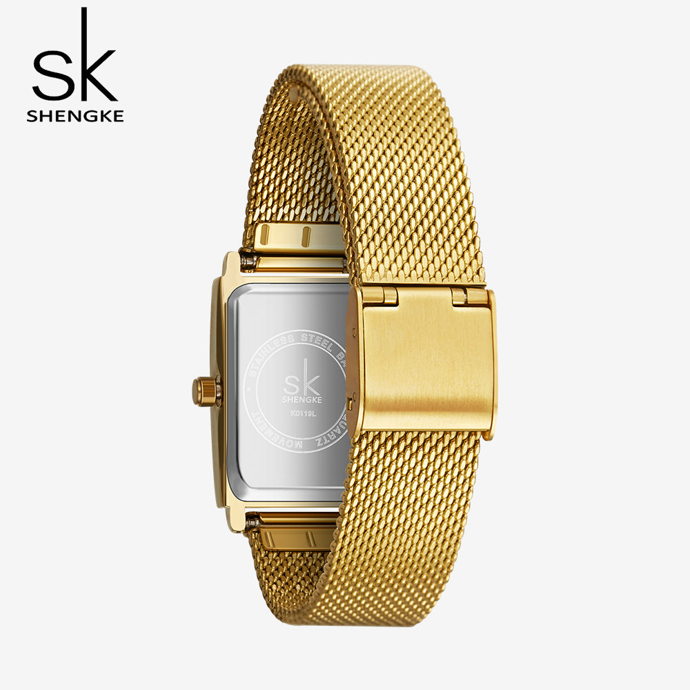 sk shengke cool small square gold watch womens mesh band