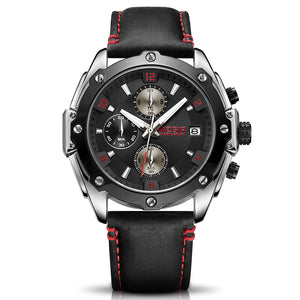 black dial black leather strap watch