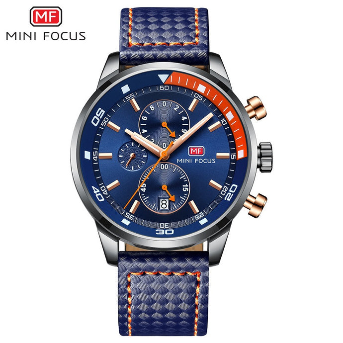 blue dial leather strap watch