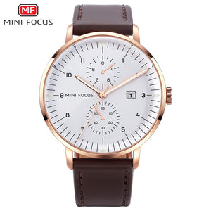 brown leather band white face watch