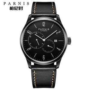 black dial leather strap watch